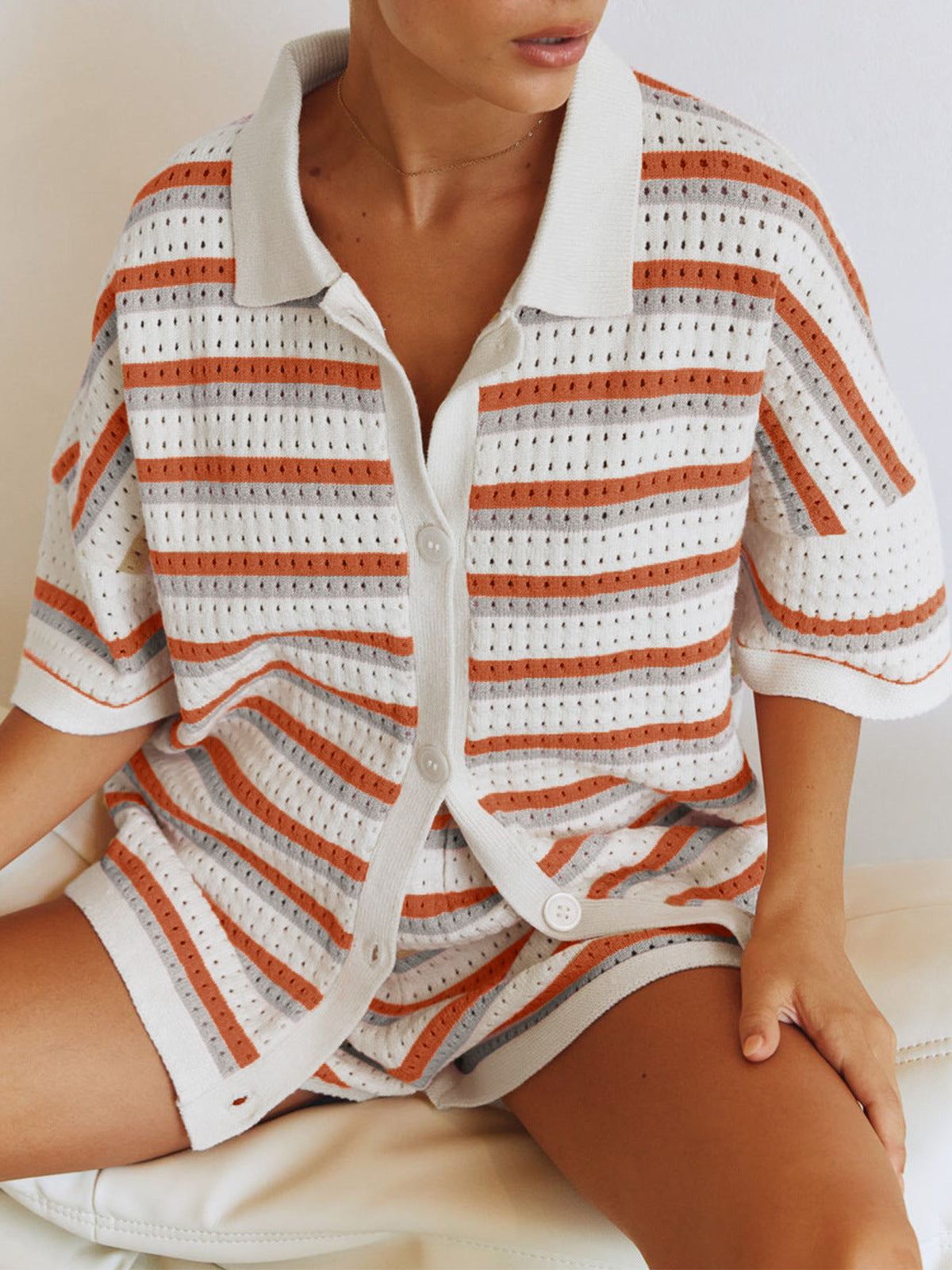 Women's Fashion Polo Collar Sleeve Striped Knitted Single-breasted High Waist Suits