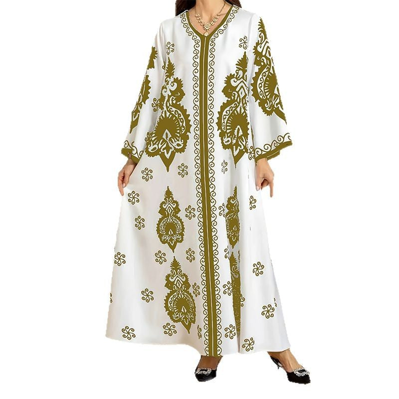 Printed Long Lantern Sleeve Casual Lace Beach Dress