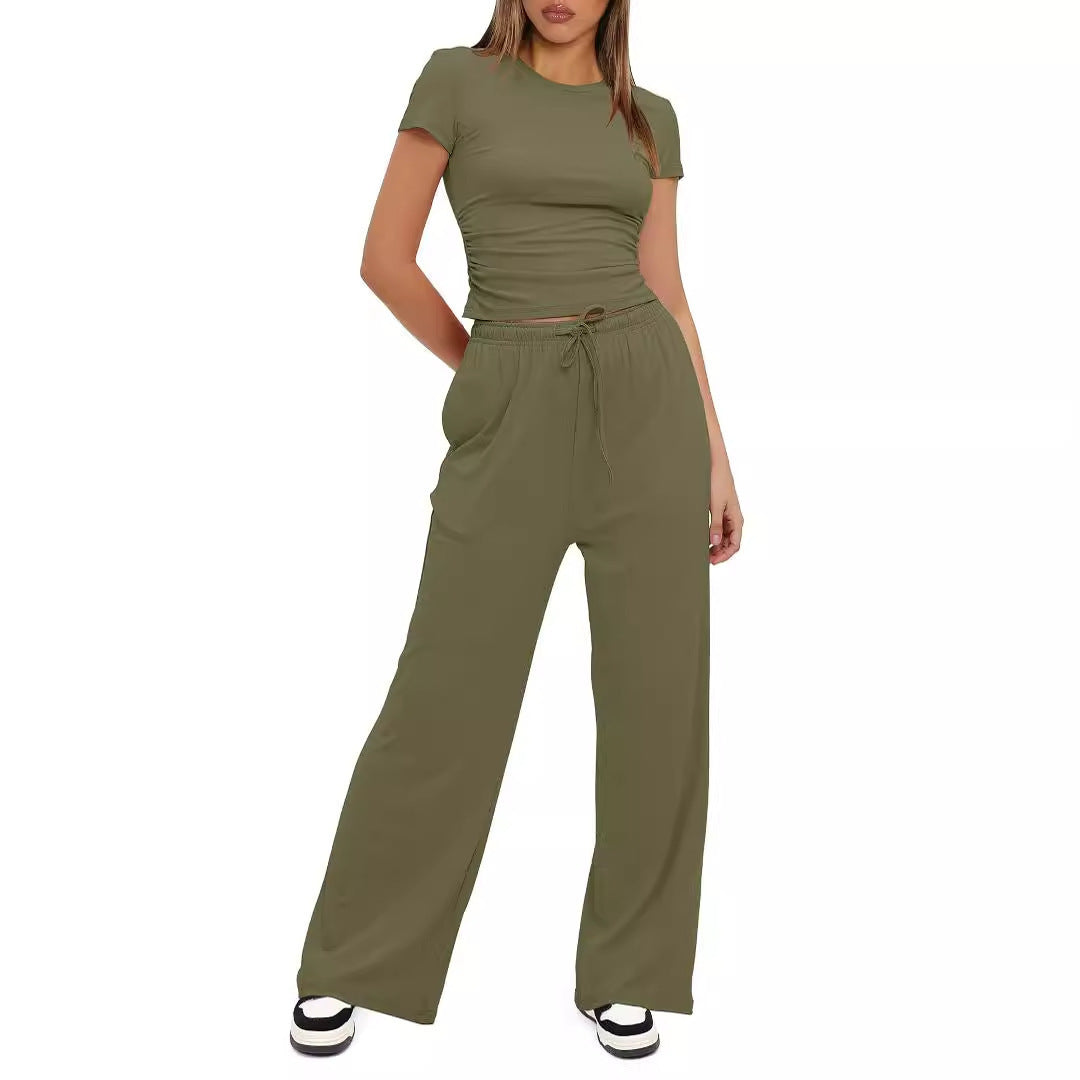 Solid Color Pleated Sleeve High Waist Wide Shorts