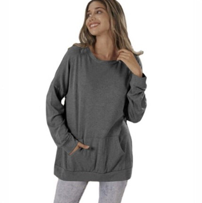 Women's Round Neck Loose Pocket Long Sleeve Tops