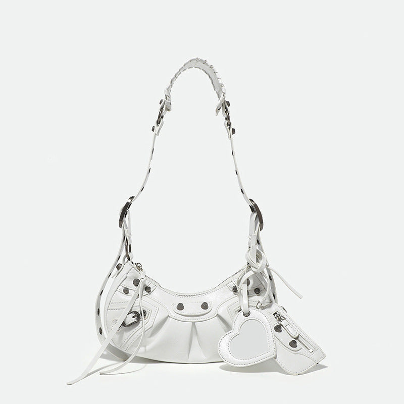 Women's Motorcycle Underarm Leather Folds Selenodont Rivet Shoulder Bags