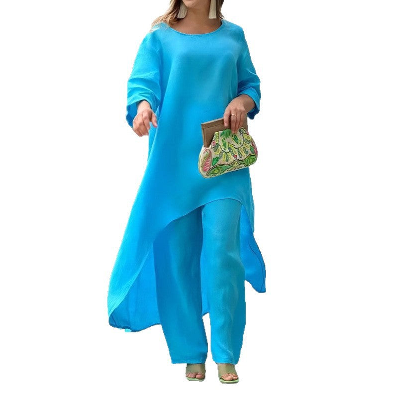 Women's Cotton Linen Irregular Long Sleeve Wide Leg Suits