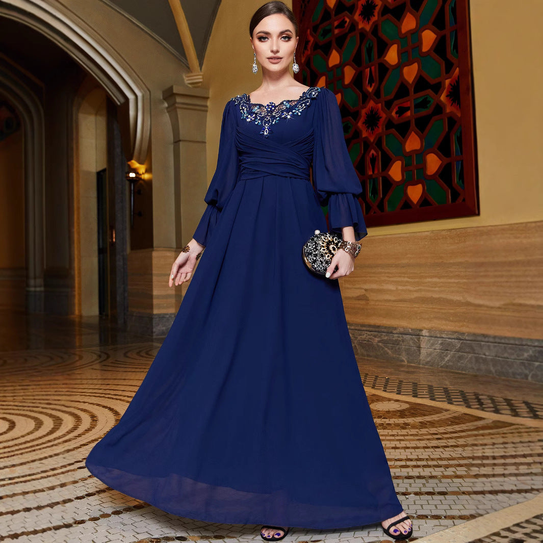 Navy Blue Chiffon Stitching Lace Collar Dresses
