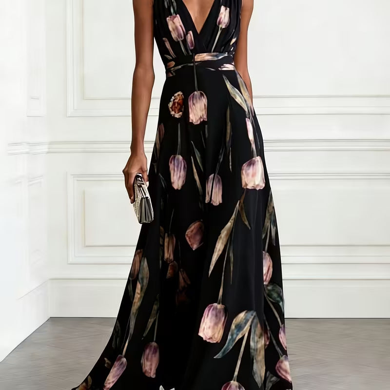 Women's Tulip Print Sleeveless Chiffon Maxi Dress