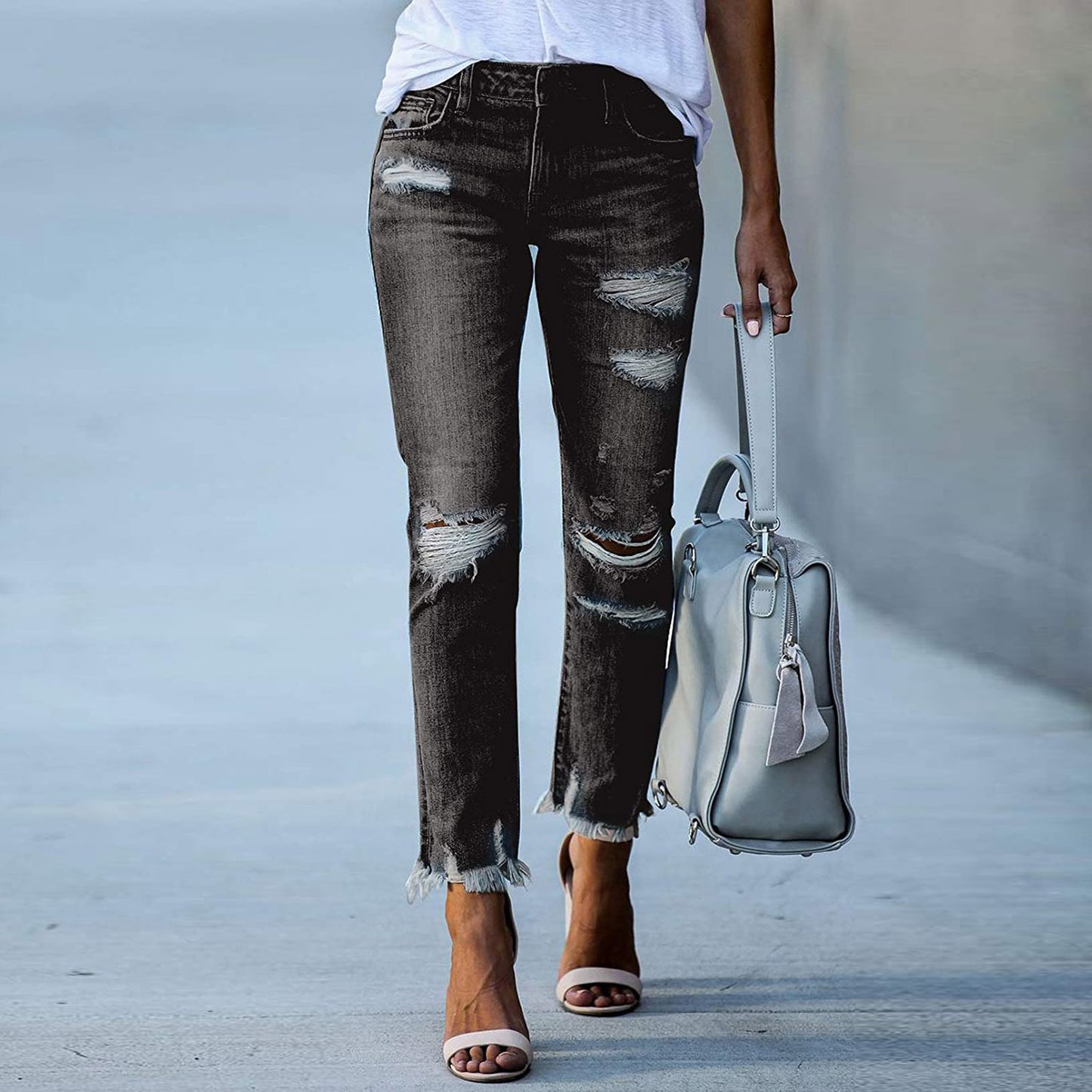 Glamorous Women's Solid Color Ripped Straight Jeans