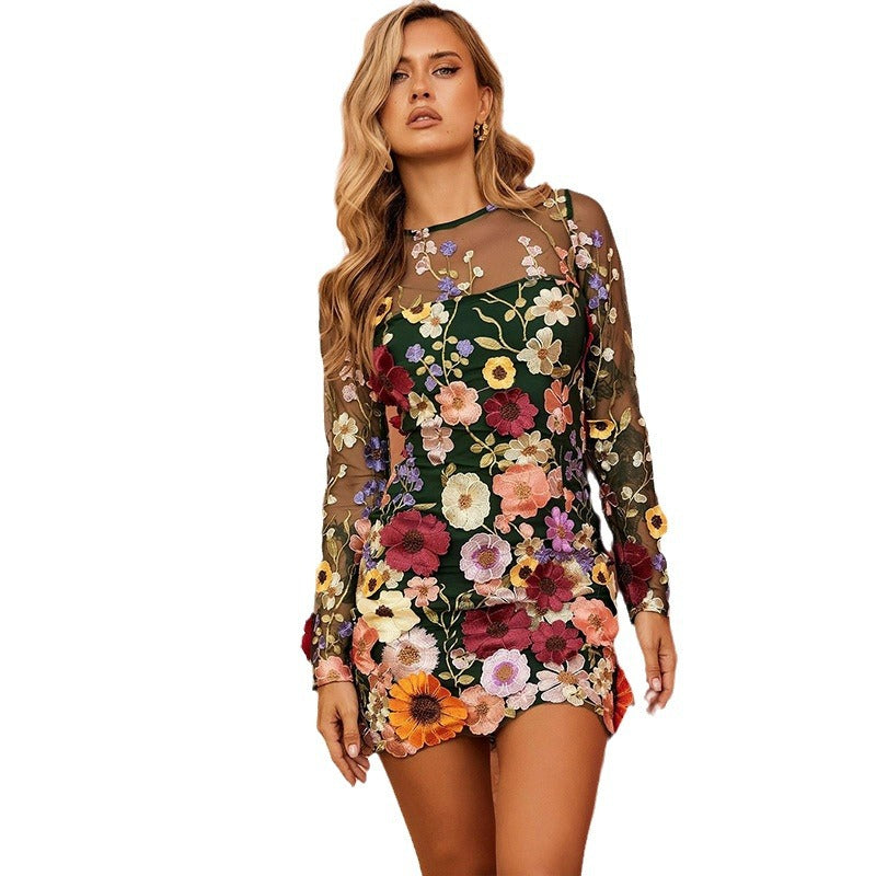 Three-dimensional Embroidered Mesh Lace Sheath Slim Dress