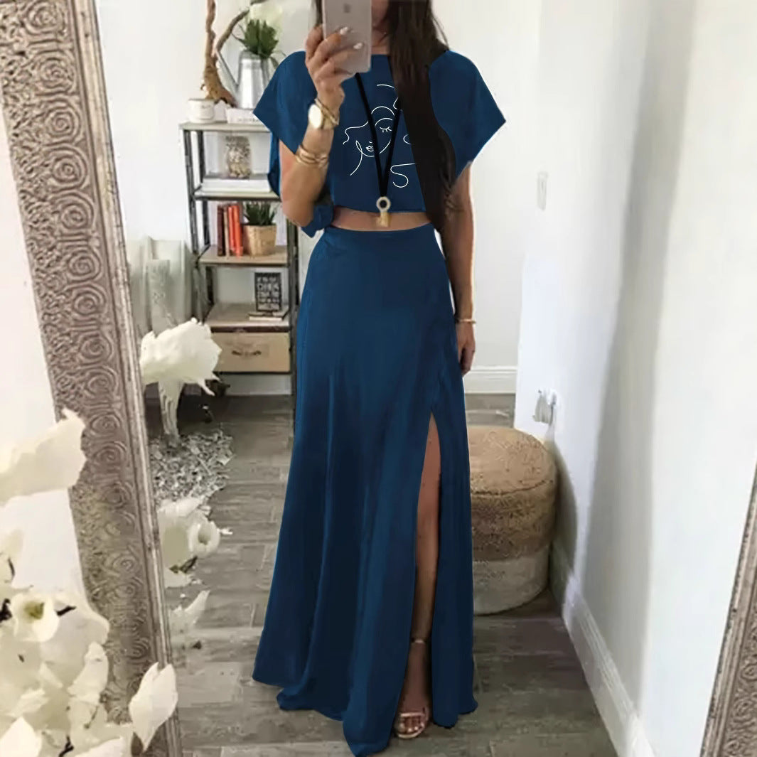 Women's Printed T-shirt Sexy Slit Two-piece Set Fashion Casual Suit