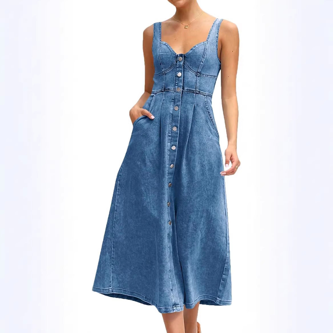 Women's Summer Blue Denim Distressed Strap Single Dress