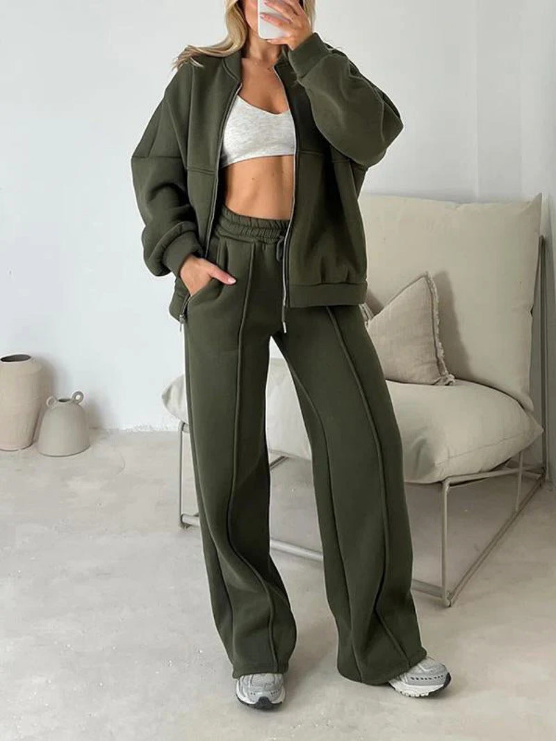 Women's Casual Set Solid Color Long-sleeved Zipper Suits