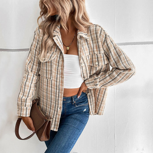 Women's Fashion Wear Pearl Buckle Lapel Plaid Jackets