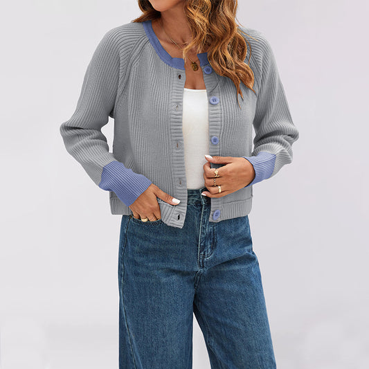 Women's Fashion Round Neck Single Row Button Contrast Color Sweaters
