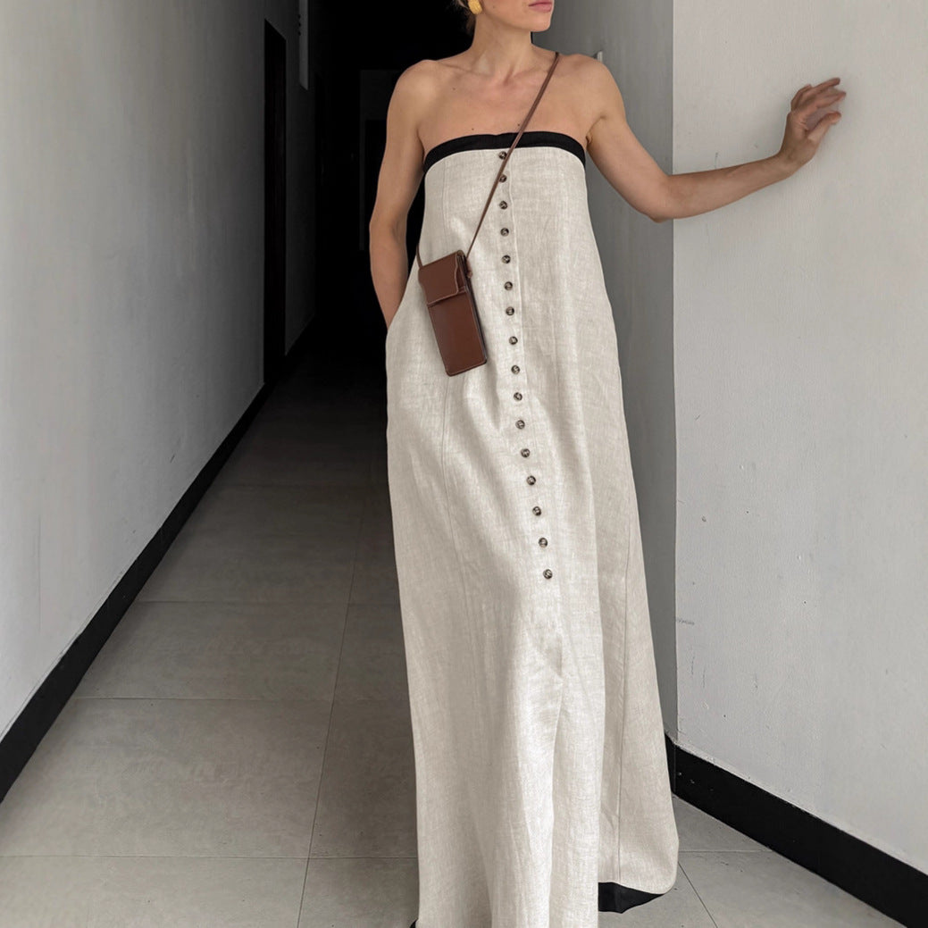 Women's Stitching Contrast Color Suspender Dress Cotton Dresses