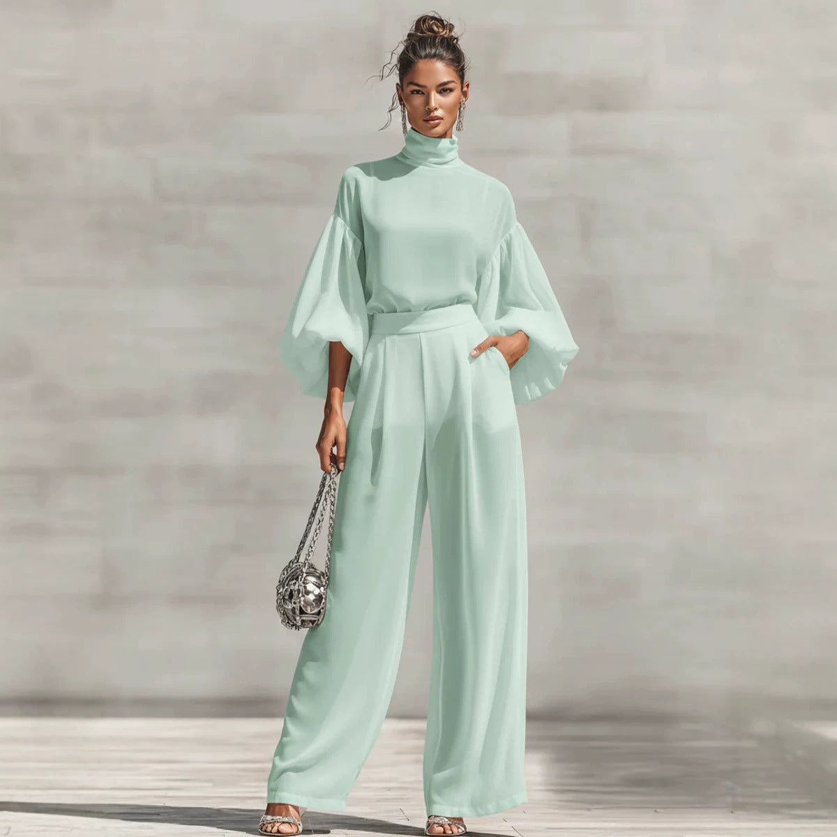Color Stand Collar Bubble Long Sleeve High Waist Draping Wide Fashion Casual Suit