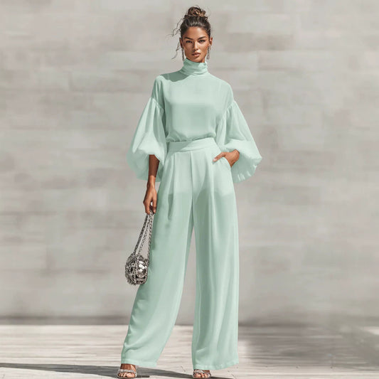 Color Stand Collar Bubble Long Sleeve High Waist Draping Wide Fashion Casual Suit