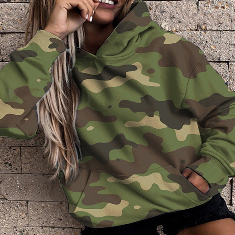 Women's Camouflage Printed Loose Long Sleeves Hooded Women's Sweater, Sweater