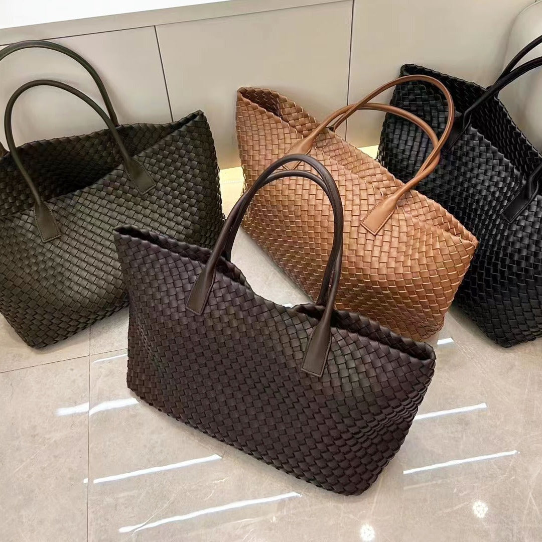Women's Genuine Leather Design Woven Shopping Big Bags