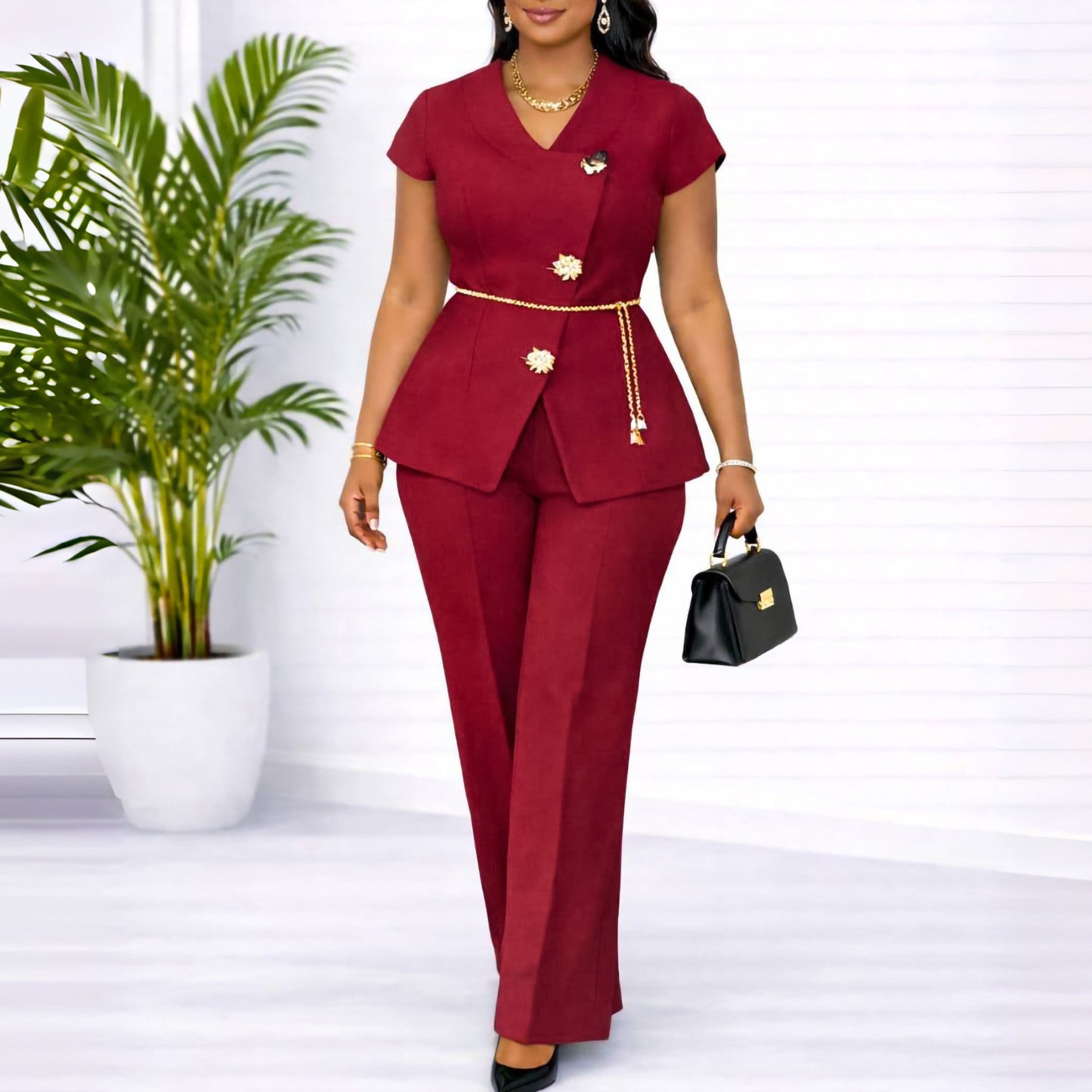 Women's Summer Elegant Button Short-sleeved Two-piece African Fashion Casual Suit