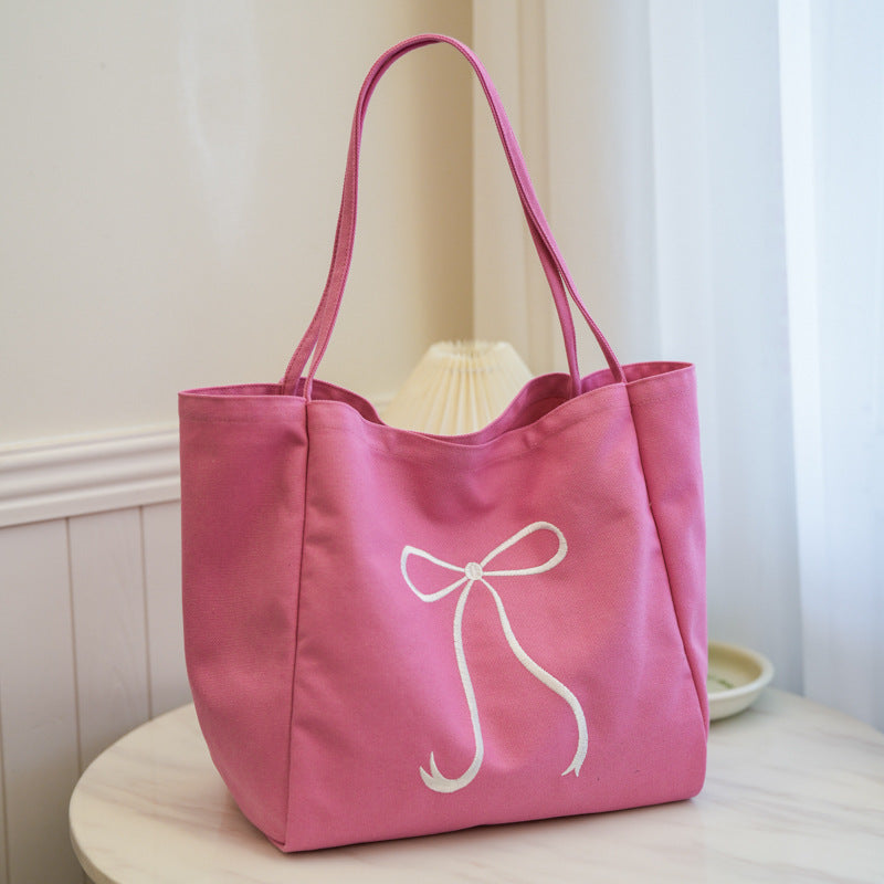Capacity Bowknot Embroidered Canvas Female Heart Shoulder Bags