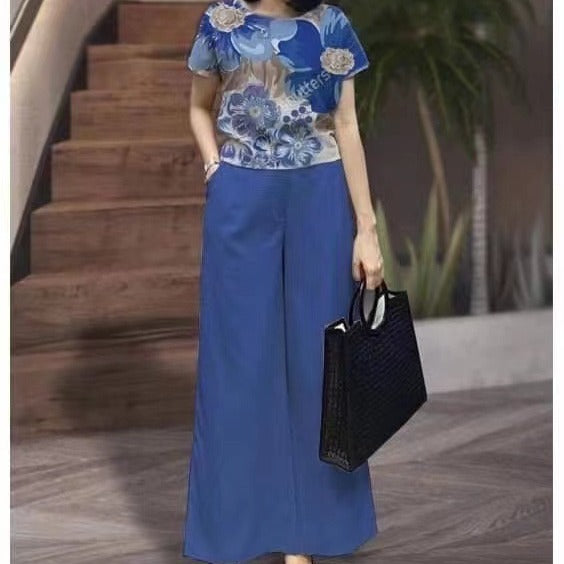 Women's Color Loose Short-sleeved Printed Trousers Two-piece Set Fashion Casual Suit