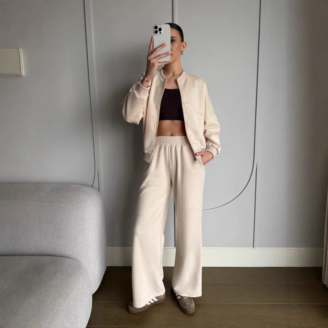 Women's Casual Solid Color Zipper Elastic Two-piece Suits