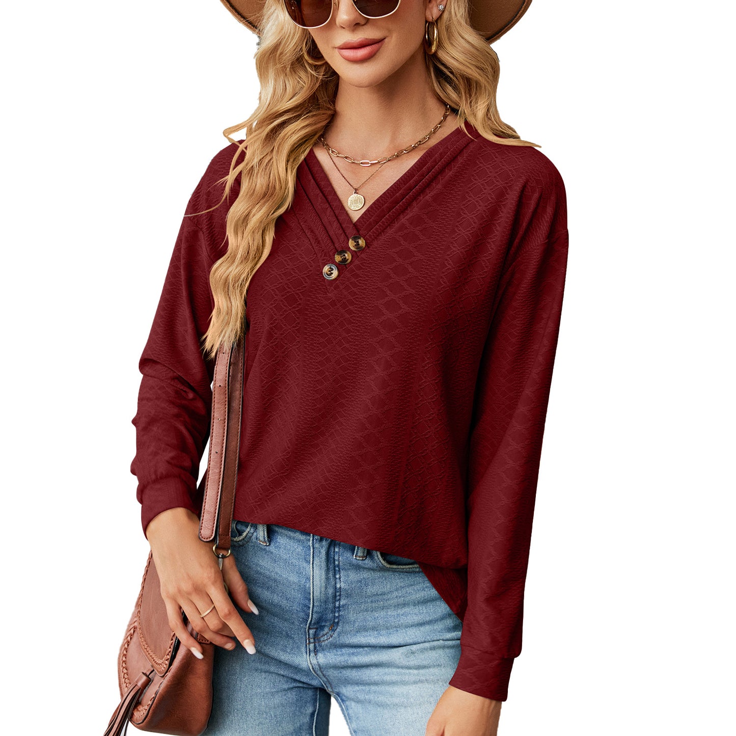 Women's Solid Color Button Loose Long-sleeved Clothing