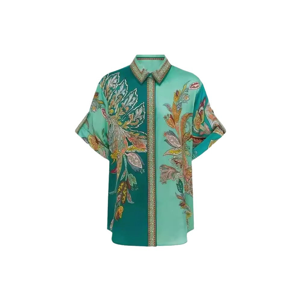 Vintage Printed Satin Sleeve Lapel Shirt Fashion Casual Suit