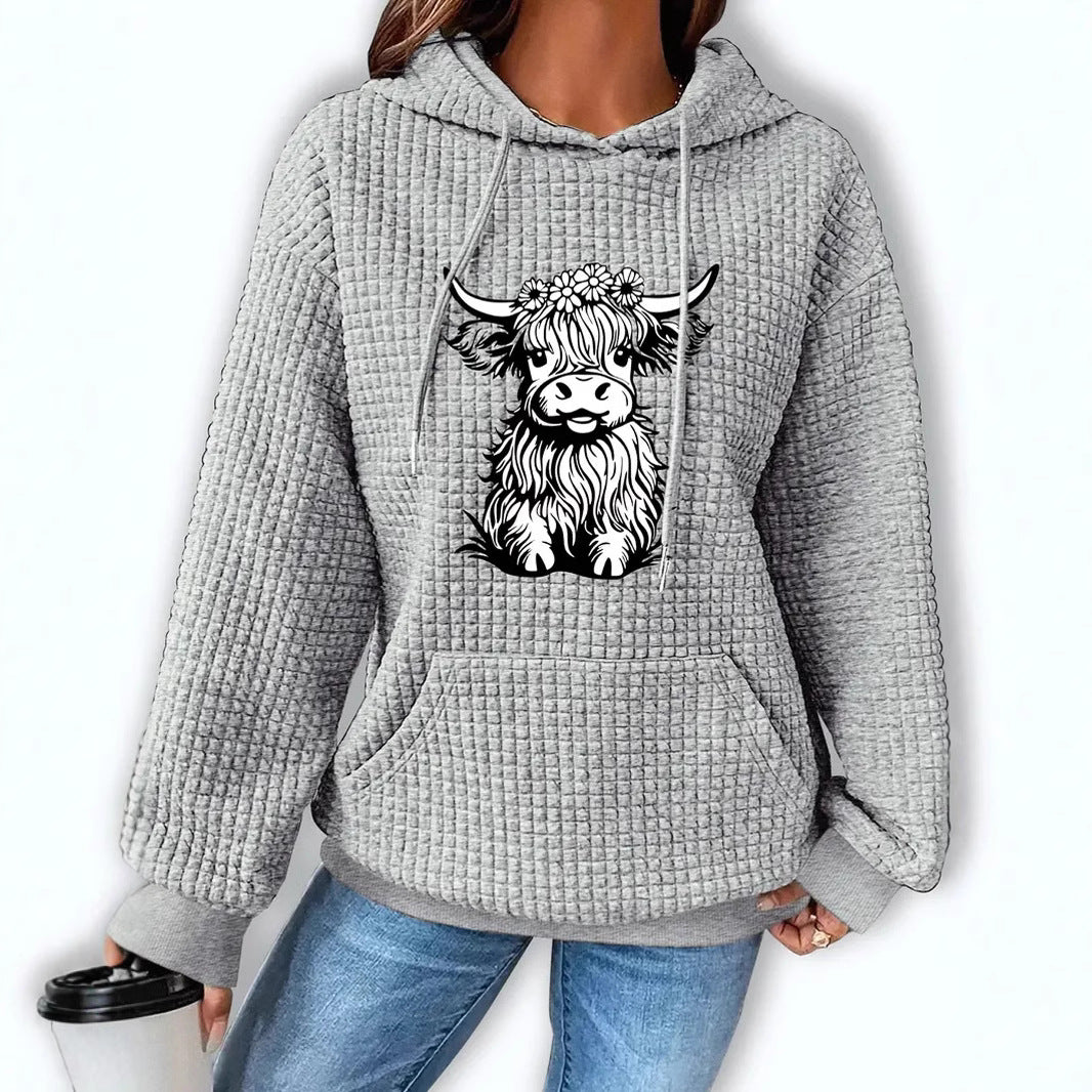 Women's Hooded Long Sleeve Fleece Pullover Highland Cow Women's Sweater, Sweater