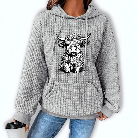 Women's Hooded Long Sleeve Fleece Pullover Highland Cow Women's Sweater, Sweater