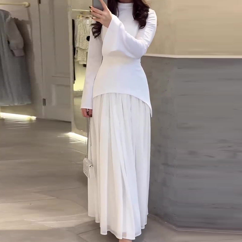 Women's Autumn Solid Color Fashion Stitching Design Round Dresses