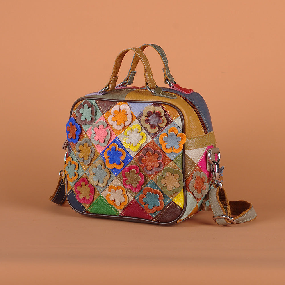 Women's Genuine Leather Hand Stitching Flower Colored Handbags
