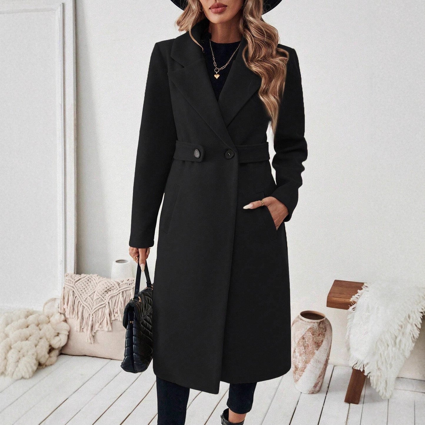 Women's Woolen Long Lapel Slim Fit Slimming Coats