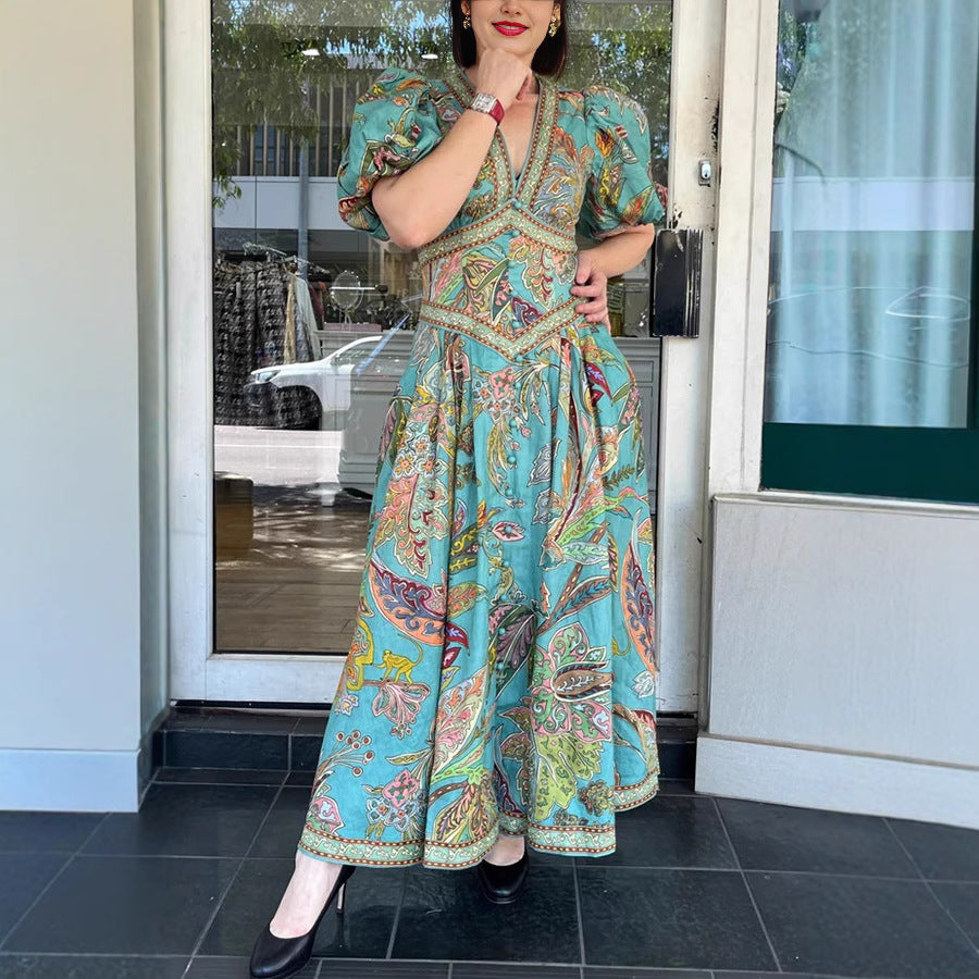 Women's Printed Lantern Sleeve Dress Casual Loose Dresses