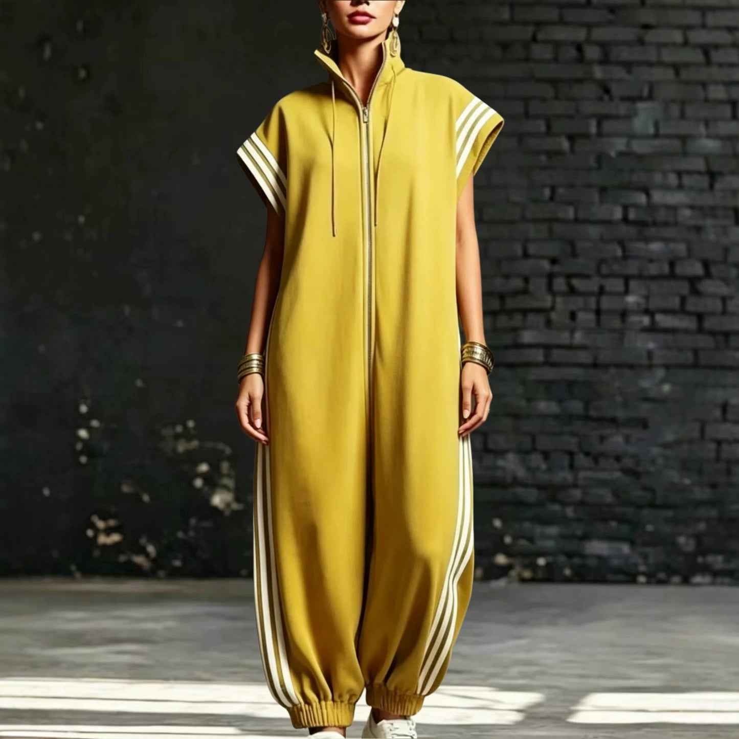 Women's Zipped Stand Collar Striped Contrast Color Jumpsuits