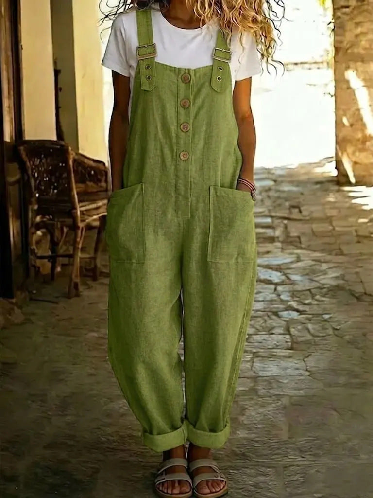 Women's Summer Linen Solid Color Retro Pocket Straight Women's Jumpsuit/clothing