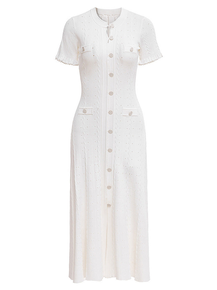 Button Jacquard Twist Slim Round Neck Dresses