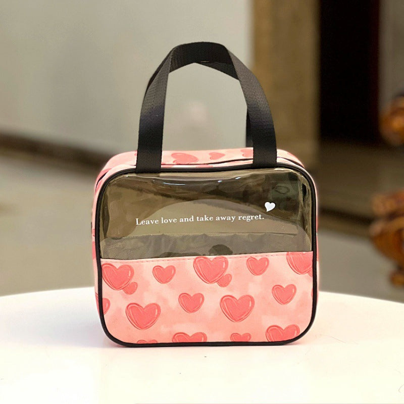 Zipper Translucent Love Peach Heart Flocking Large Capacity Portable Handbags