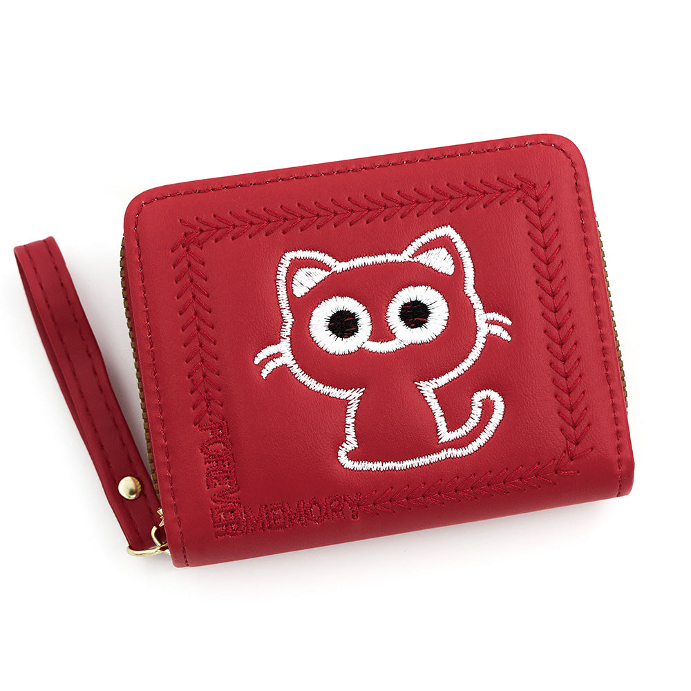Women's Embroidered Kitty Short Multiple Slots Zipper Ladies Wallets