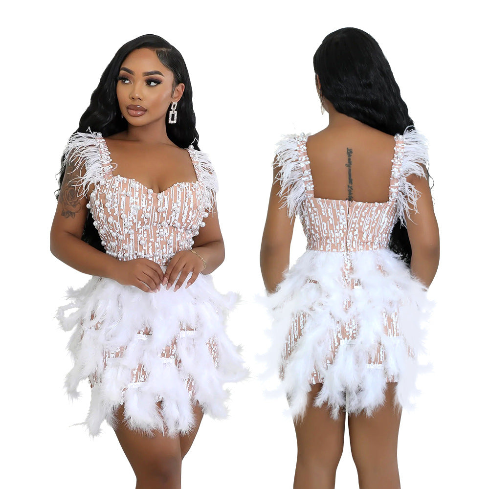 Beaded Feather Tight Waist Dress Luxury Dresses