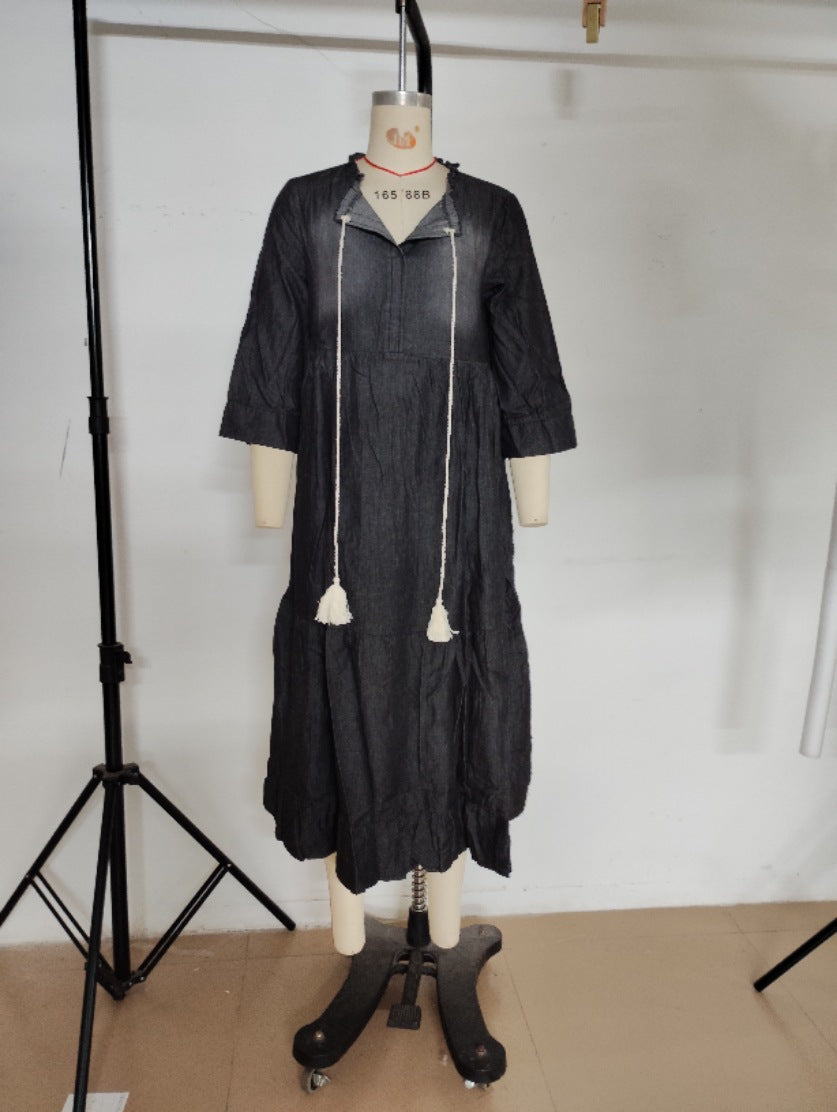 Washed Denim Mid-length Pleating Swing Long Dresses