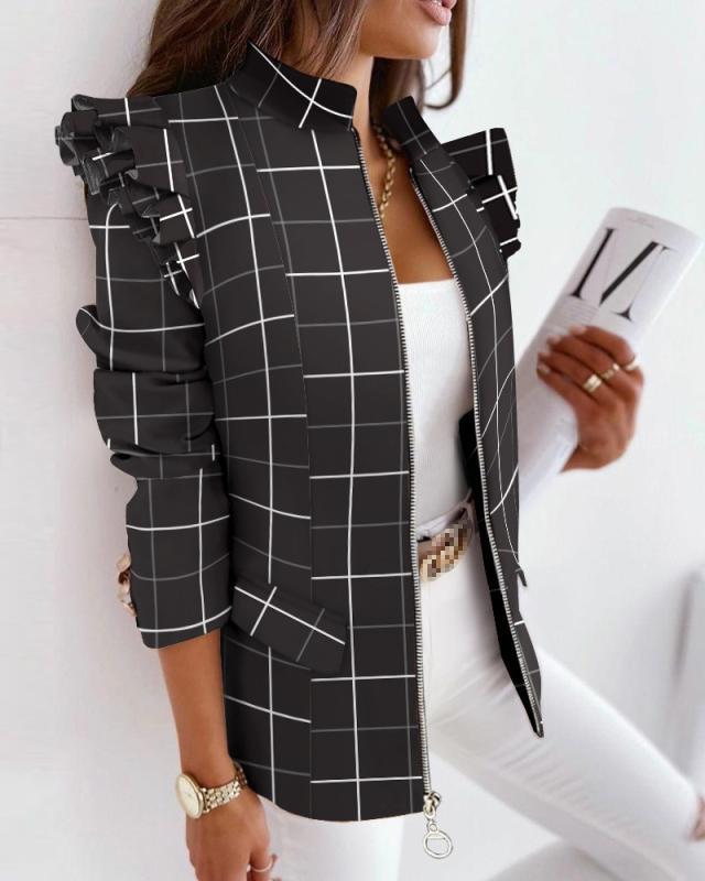 Women's Ruffled Long Sleeve Zipper Print Small Suit