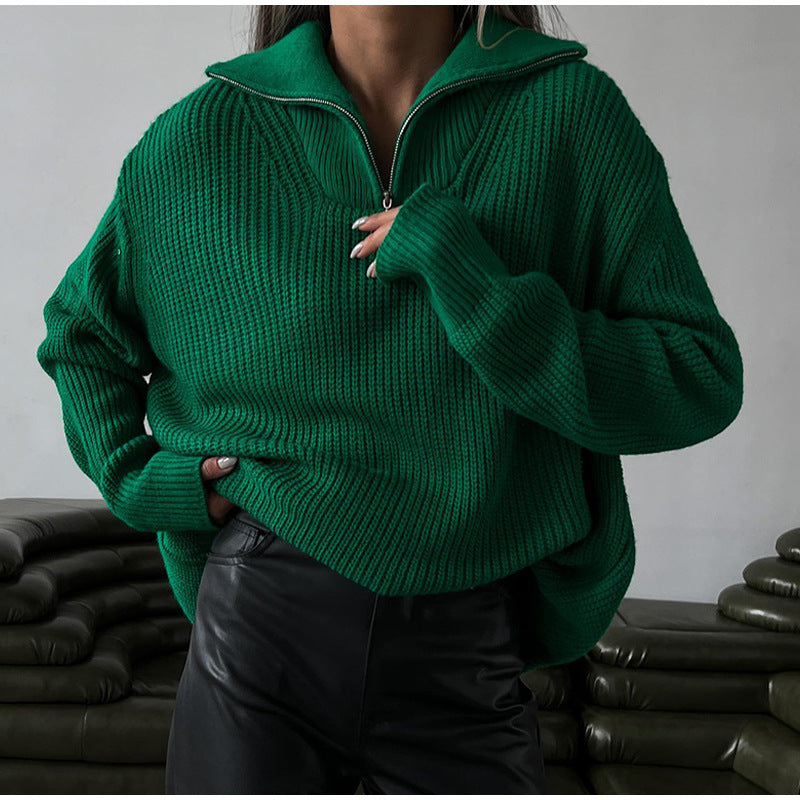 Women's Zipper Pullover Knitted Loose Casual Sweaters