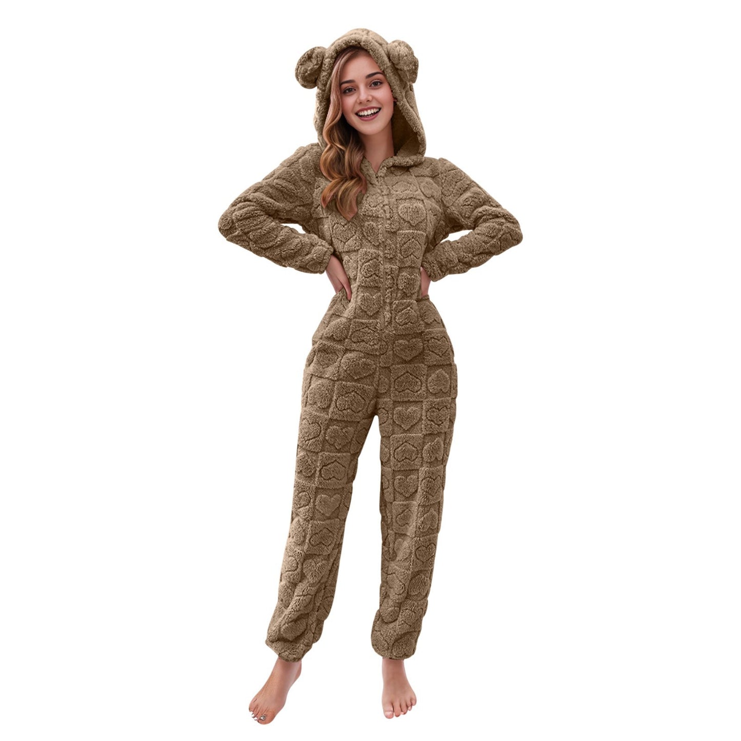 Women's Solid Color Fluff Zipper Hooded Ear Jumpsuits