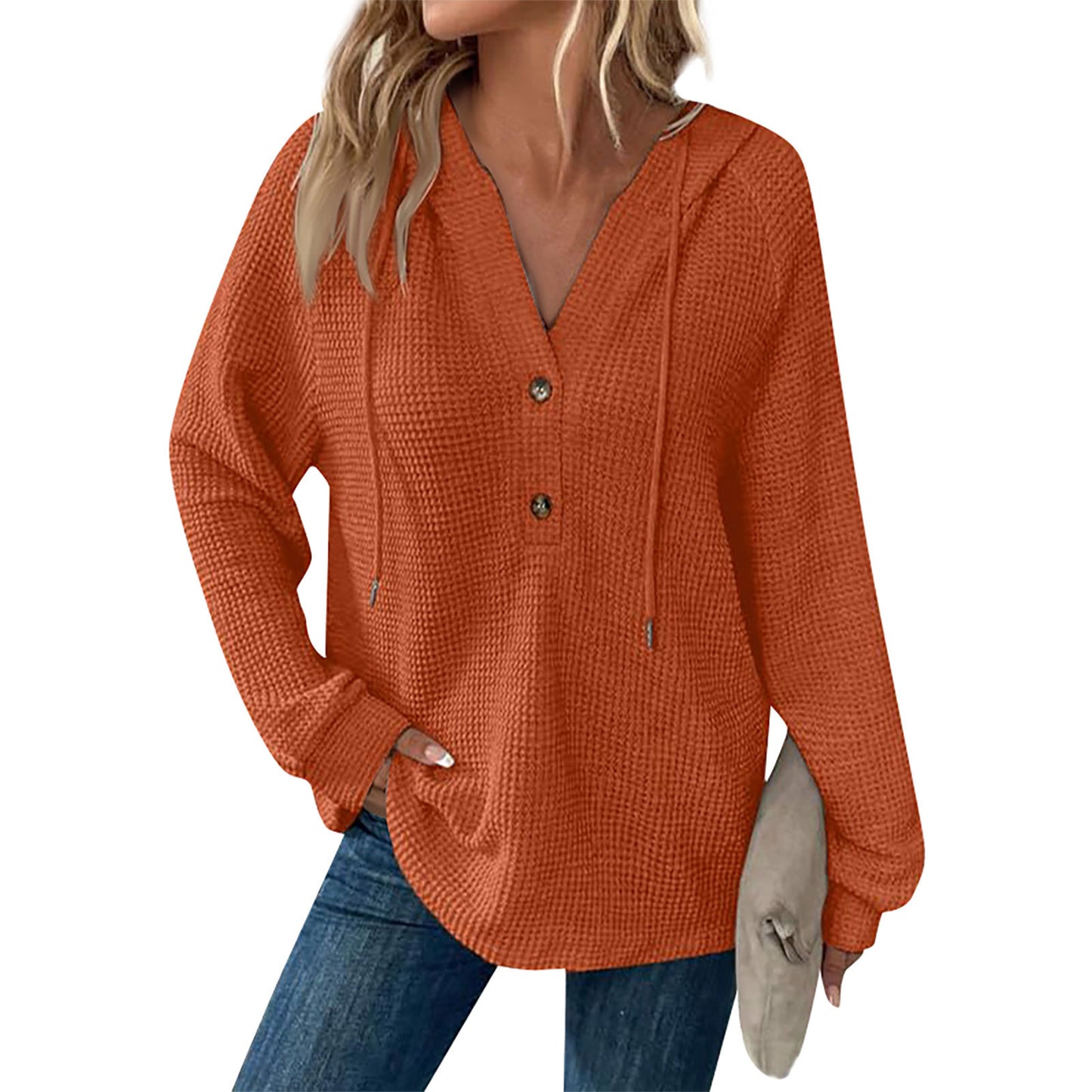 Women's Color Waffle Hooded Button Loose Long Women's Sweater, Sweater