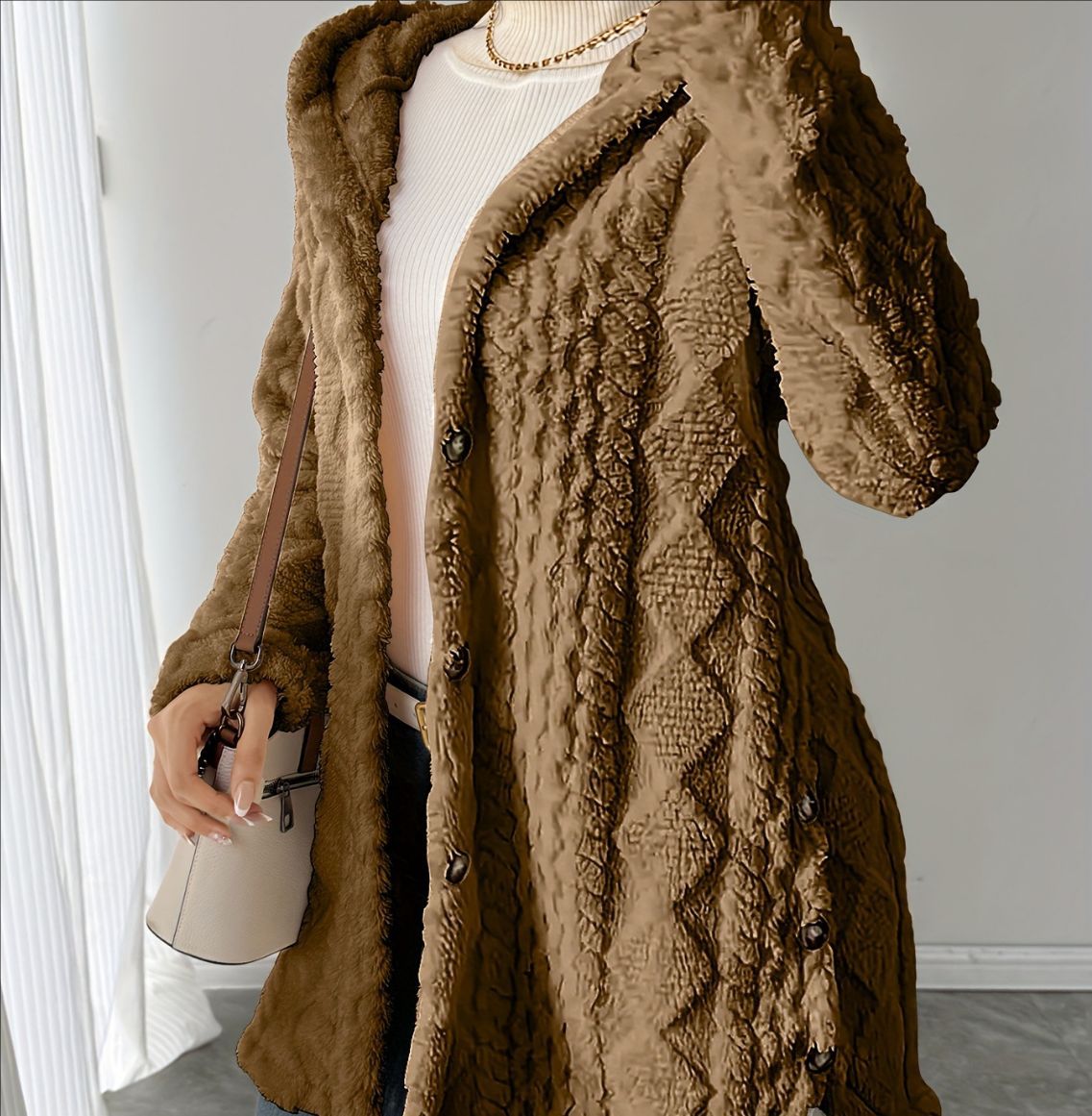 Hooded Solid Color Button Long Sleeve Women's Sweater, Sweater