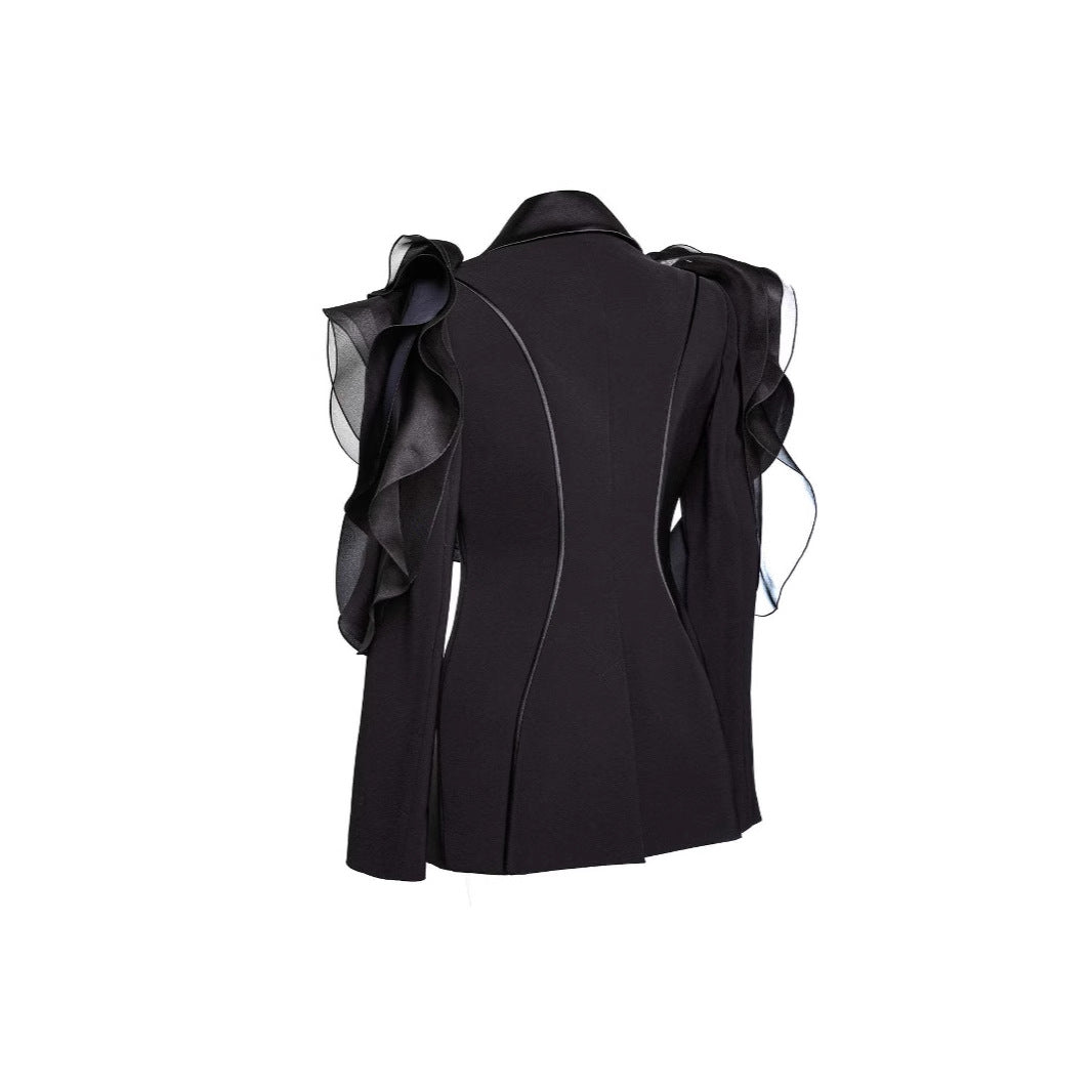 Goddess Temperament Black Three-dimensional Patchwork Ruffled Suits