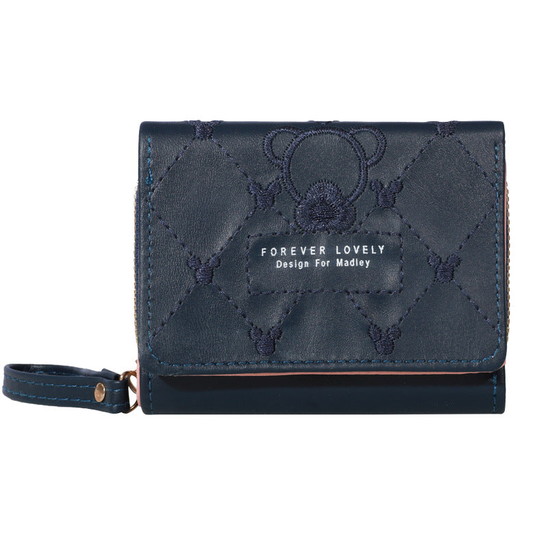 Women's Korean Embroidered Short Zipper Tri Fold Purses