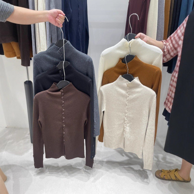 Women's Turtleneck Stand Collar Decorative Buttons Slim Knitwear