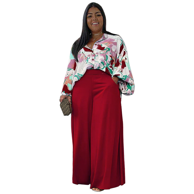 Women's Loose Large Casual Printed Shirt Wide Pants