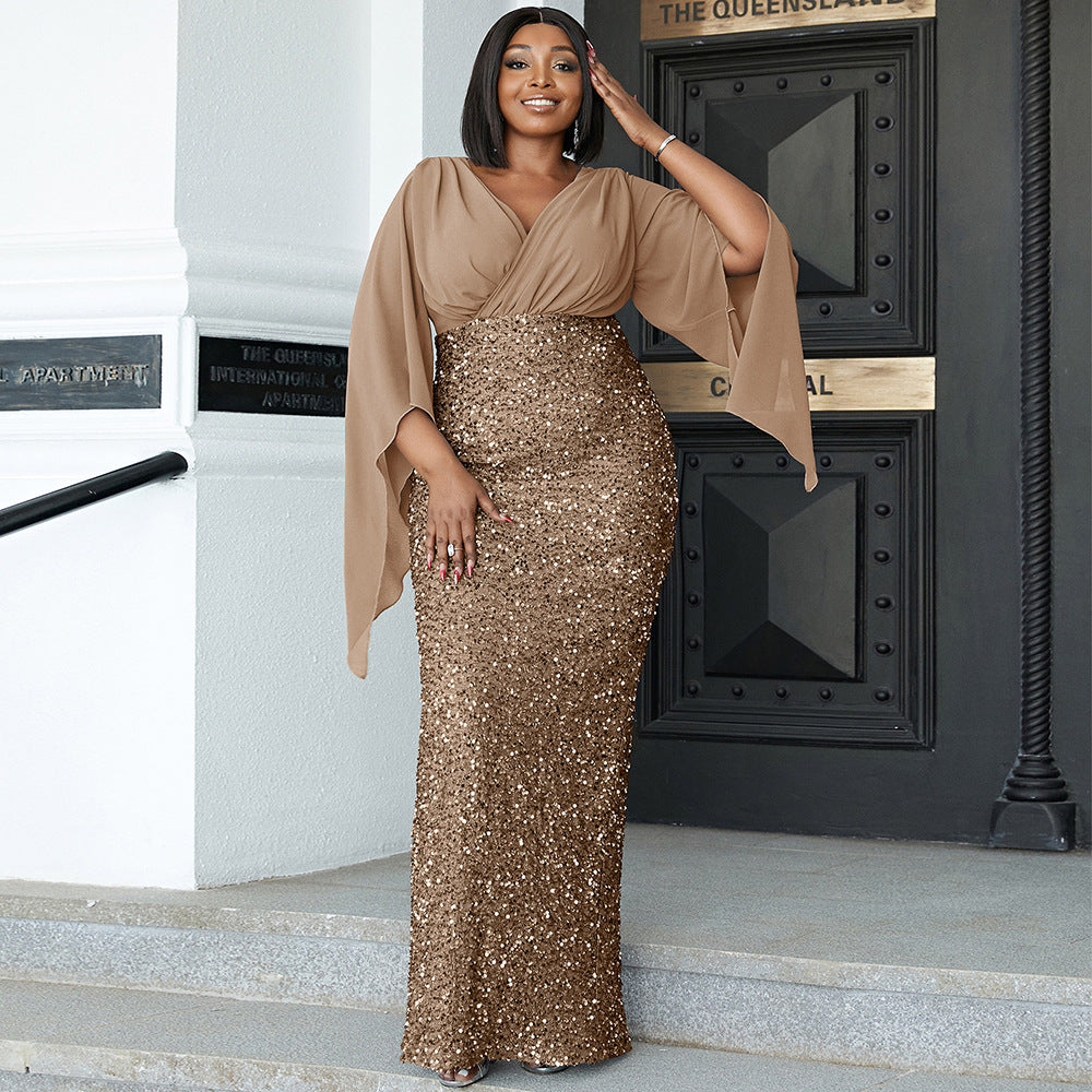 Women's Temperament Sexy Long Sequined Sleeve Banquet Dresses