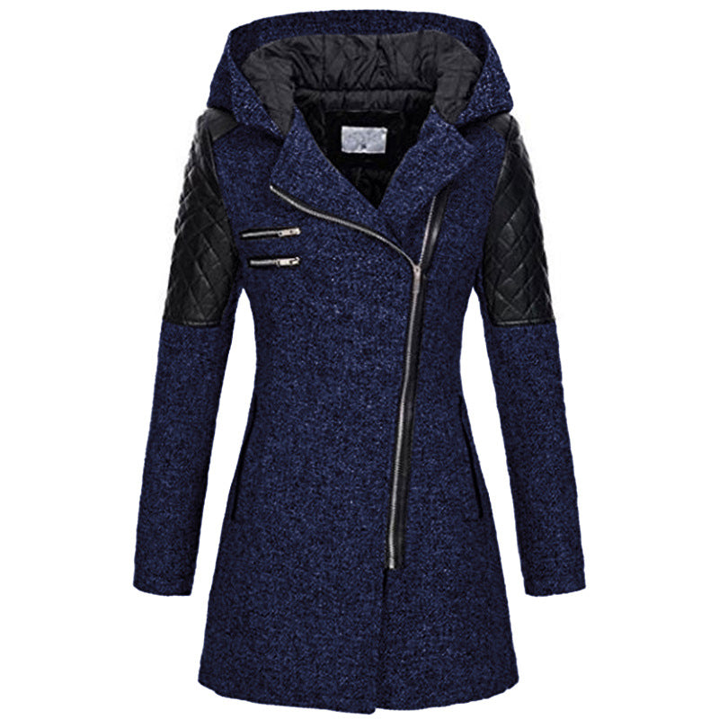 Women's Mid-length Hooded Loose Oblique Zipper Woolen Blazers